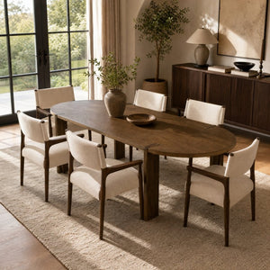 English Elm 7‑Piece Oval Rubberwood Dining Set Walnut Toned Arm Chairs with Beige Cushions N762P396360D_N762P503857A3