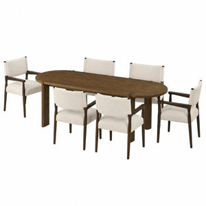 English Elm 7‑Piece Oval Rubberwood Dining Set Walnut Toned Arm Chairs with Beige Cushions N762P396360D_N762P503857A3