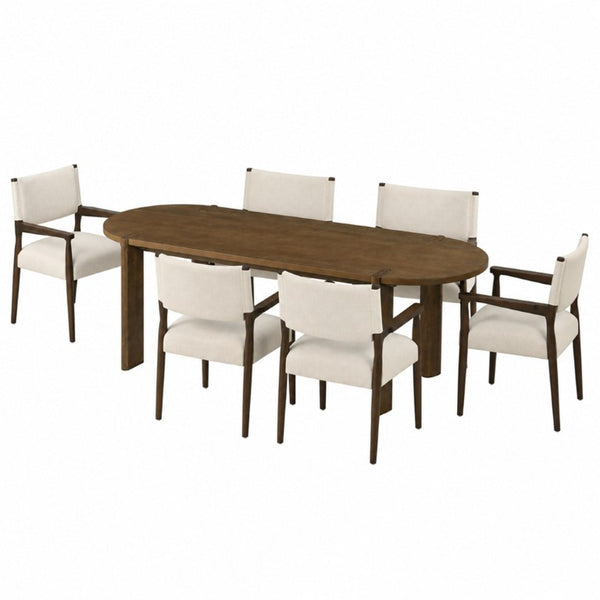 English Elm 7‑Piece Oval Rubberwood Dining Set Walnut Toned Arm Chairs with Beige Cushions N762P396360D_N762P503857A3
