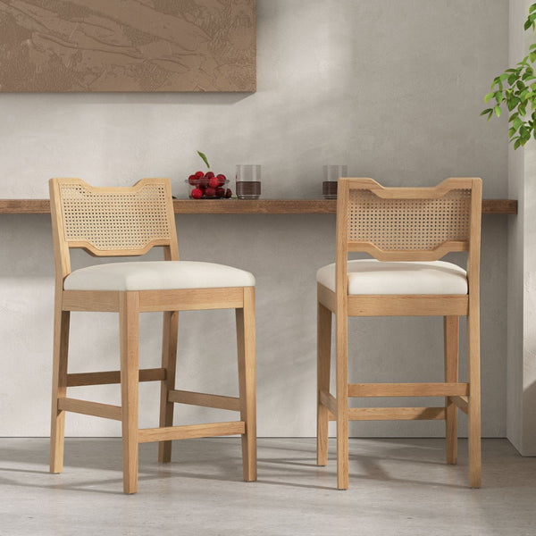 English Elm 28" Farmhouse Counter Stools Set of 2 Woven Rattan Back Rubberwood Frame Kitchen Island N762P411404D