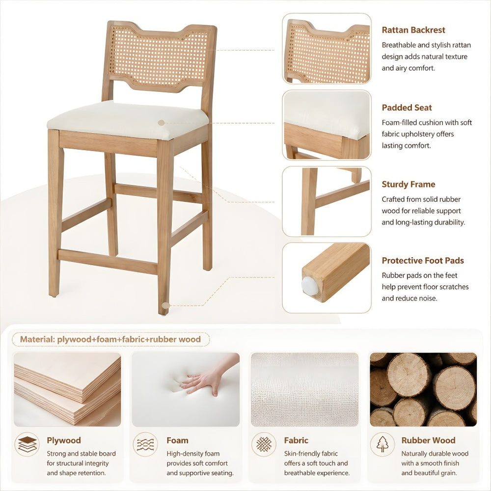 English Elm 28" Farmhouse Counter Stools Set of 2 Woven Rattan Back Rubberwood Frame Kitchen Island N762P411404D