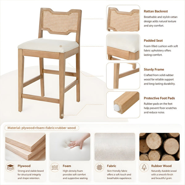 English Elm 28" Farmhouse Counter Stools Set of 2 Woven Rattan Back Rubberwood Frame Kitchen Island N762P411404D