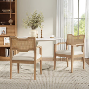 English Elm Farmhouse Dining Chairs Set of 2 Rattan Back Rubberwood Linen Seat Boho Accent N762P411406D