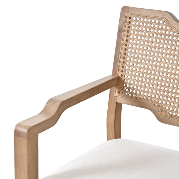 English Elm Farmhouse Dining Chairs Set of 2 Rattan Back Rubberwood Linen Seat Boho Accent N762P411406D