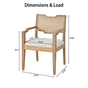 English Elm Farmhouse Dining Chairs Set of 2 Rattan Back Rubberwood Linen Seat Boho Accent N762P411406D