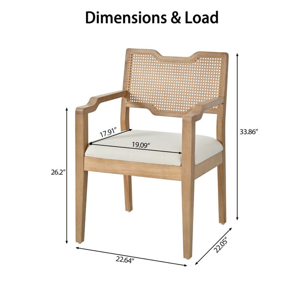 English Elm Farmhouse Dining Chairs Set of 2 Rattan Back Rubberwood Linen Seat Boho Accent N762P411406D