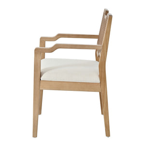 English Elm Farmhouse Dining Chairs Set of 2 Rattan Back Rubberwood Linen Seat Boho Accent N762P411406D