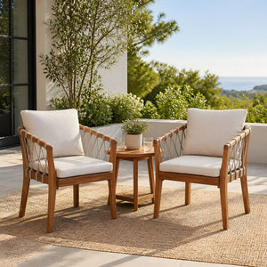 English Elm Outdoor Acacia Wood Bistro Chair Set with Rope Weave Seats and Cushioned Patio Comfort N762P411561D