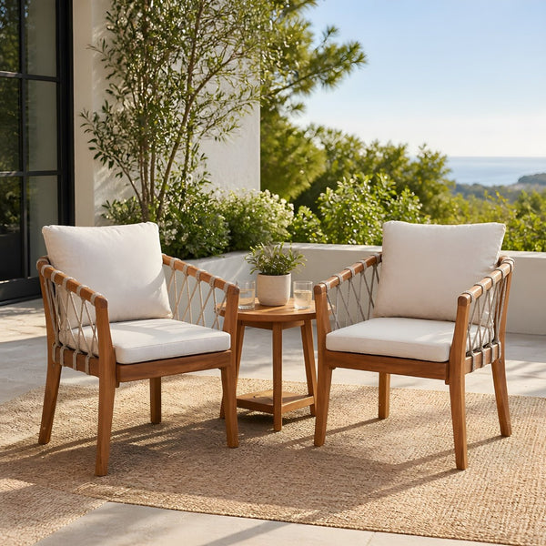 English Elm Outdoor Acacia Wood Bistro Chair Set with Rope Weave Seats and Cushioned Patio Comfort N762P411561D