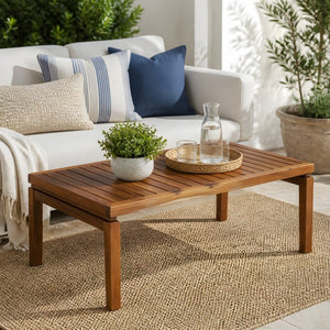 English Elm Stella Outdoor Acacia Wood Coffee Table Slatted Teak Finish Patio Lounge Accent N762P411700D