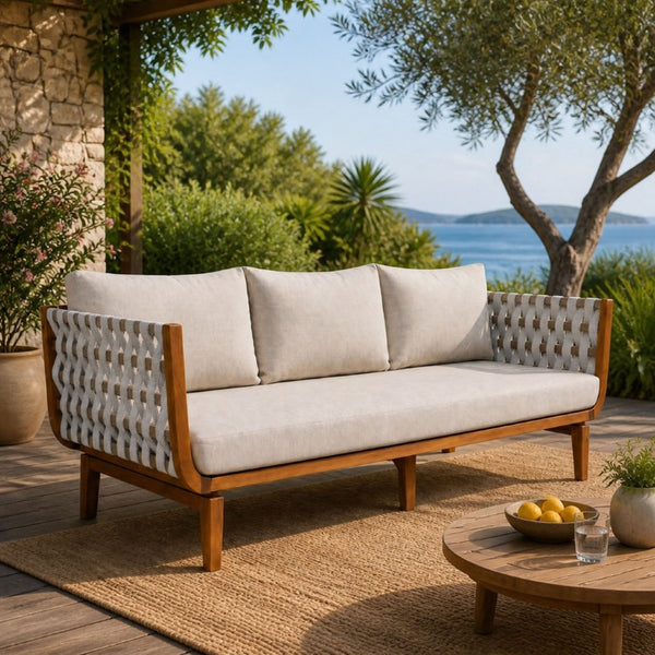 English Elm 74.61 Inch Outdoor Acacia Wood Sofa with Hand Woven Rope and Plush Patio Cushions N762P411701D