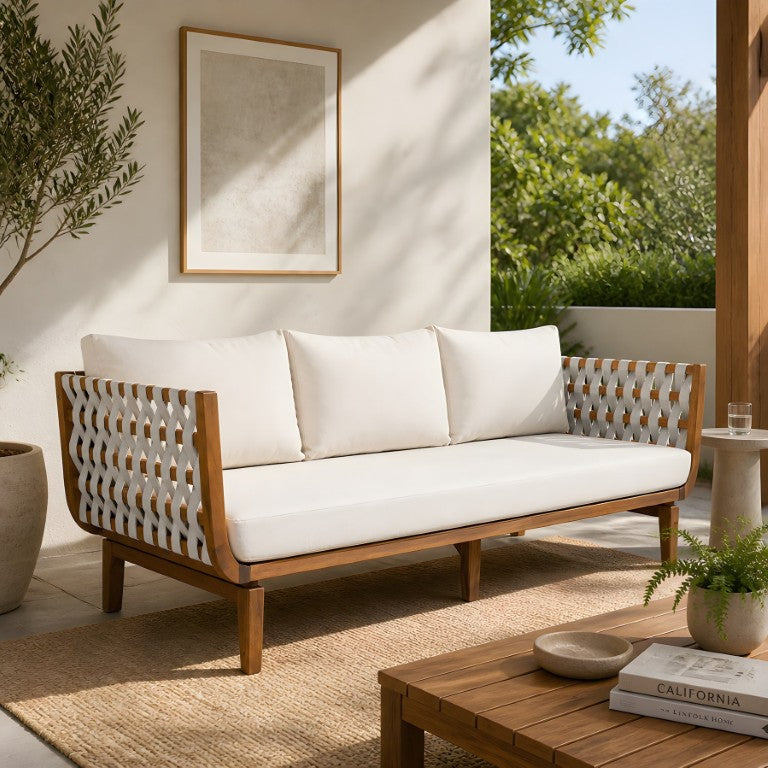 English Elm 74.61 Inch Outdoor Acacia Wood Sofa with Hand Woven Rope and Plush Patio Cushions N762P411701D
