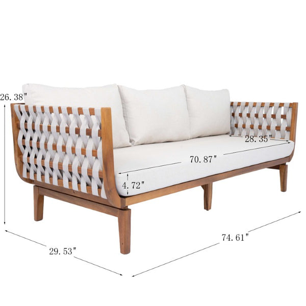 English Elm 74.61 Inch Outdoor Acacia Wood Sofa with Hand Woven Rope and Plush Patio Cushions N762P411701D