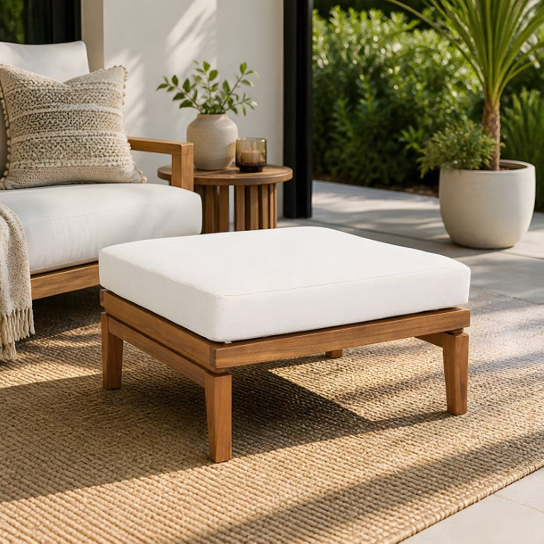 English Elm Acacia Wood Patio Ottoman Teak Finish Square Footrest with Water Repellent Cushion Outdoor N762P411702D