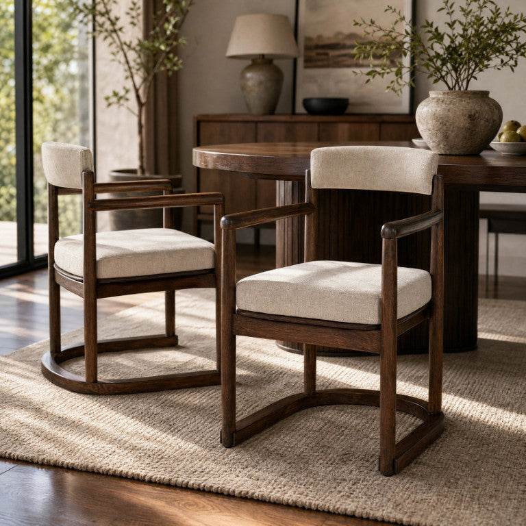English Elm 2 Rubberwood Sled Base Dining Arm Chairs Mid Century Walnut Beige Linen Set N762P412255D