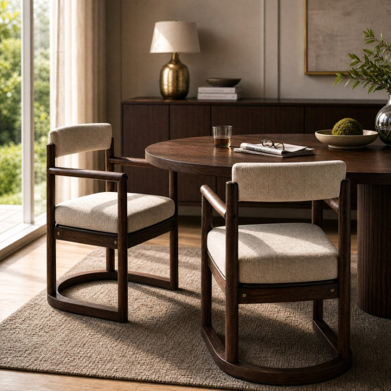 English Elm 2 Rubberwood Sled Base Dining Arm Chairs Mid Century Walnut Beige Linen Set N762P412255D