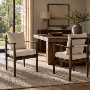 English Elm Mid-Century Rubberwood Arm Dining Chairs with Lumbar Pillow Linen Upholstery Set of 2 N762P412259D