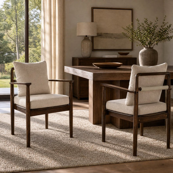 English Elm Mid-Century Rubberwood Arm Dining Chairs with Lumbar Pillow Linen Upholstery Set of 2 N762P412259D
