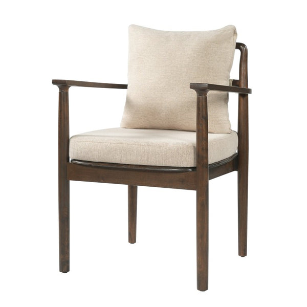 English Elm Mid-Century Rubberwood Arm Dining Chairs with Lumbar Pillow Linen Upholstery Set of 2 N762P412259D