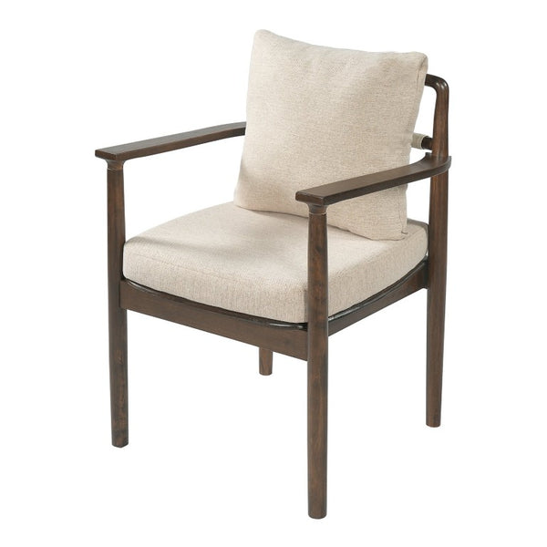 English Elm Mid-Century Rubberwood Arm Dining Chairs with Lumbar Pillow Linen Upholstery Set of 2 N762P412259D
