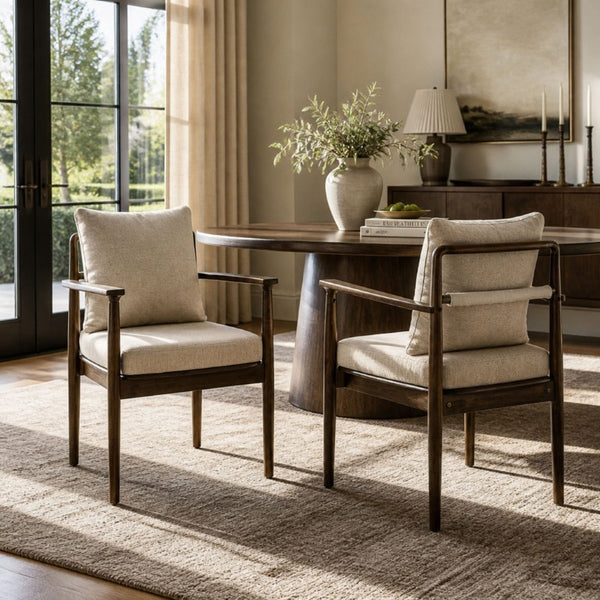 English Elm Mid-Century Rubberwood Arm Dining Chairs with Lumbar Pillow Linen Upholstery Set of 2 N762P412259D
