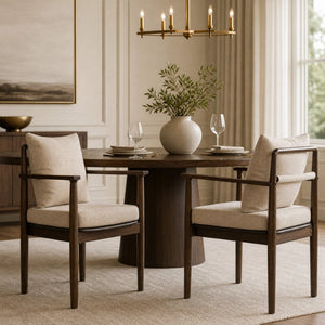 English Elm Mid-Century Rubberwood Arm Dining Chairs with Lumbar Pillow Linen Upholstery Set of 2 N762P412259D