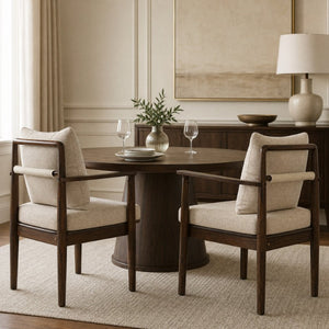 English Elm Mid-Century Rubberwood Arm Dining Chairs with Lumbar Pillow Linen Upholstery Set of 2 N762P412259D