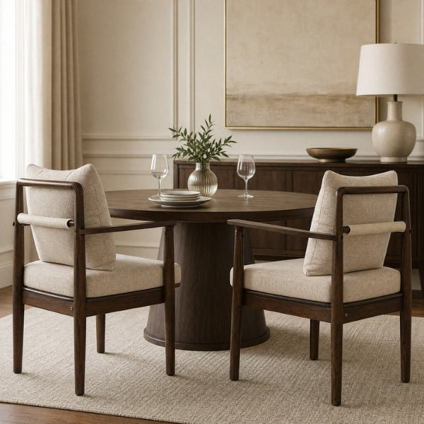 English Elm Mid-Century Rubberwood Arm Dining Chairs with Lumbar Pillow Linen Upholstery Set of 2 N762P412259D