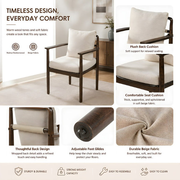English Elm Mid-Century Rubberwood Arm Dining Chairs with Lumbar Pillow Linen Upholstery Set of 2 N762P412259D
