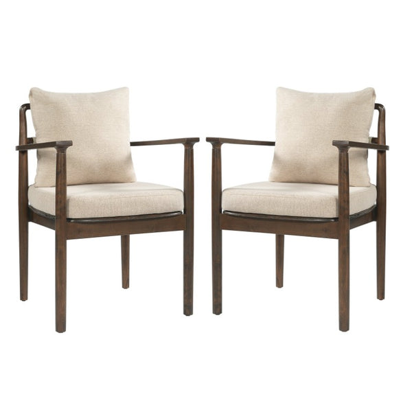 English Elm Mid-Century Rubberwood Arm Dining Chairs with Lumbar Pillow Linen Upholstery Set of 2 N762P412259D