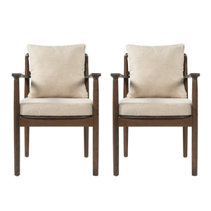 English Elm Mid-Century Rubberwood Arm Dining Chairs with Lumbar Pillow Linen Upholstery Set of 2 N762P412259D