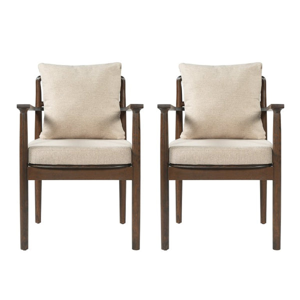 English Elm Mid-Century Rubberwood Arm Dining Chairs with Lumbar Pillow Linen Upholstery Set of 2 N762P412259D