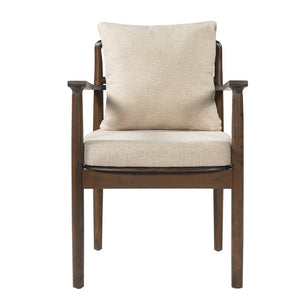 English Elm Mid-Century Rubberwood Arm Dining Chairs with Lumbar Pillow Linen Upholstery Set of 2 N762P412259D