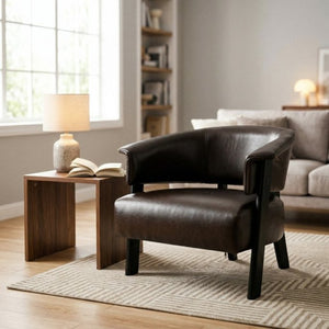 English Elm Faux Leather Wingback Armchair with Rubberwood Legs for Bedroom or Living Room N762P412983D