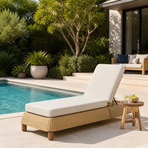 English Elm Adjustable Wicker Outdoor Chaise Lounge with Acacia Frame and Plush Cushion for Patio Beige+Natural Single N762P428248N
