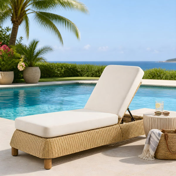 English Elm Adjustable Wicker Outdoor Chaise Lounge with Acacia Frame and Plush Cushion for Patio Beige+Natural Single N762P428248N