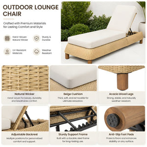 English Elm Adjustable Wicker Outdoor Chaise Lounge with Acacia Frame and Plush Cushion for Patio Beige+Natural Single N762P428248N