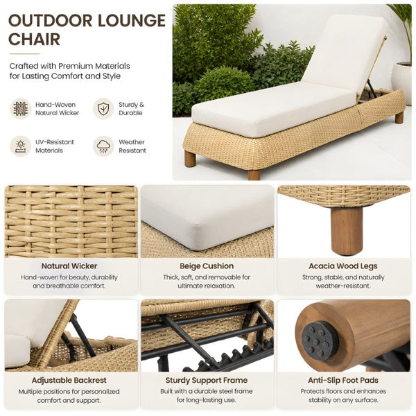 English Elm Adjustable Wicker Outdoor Chaise Lounge with Acacia Frame and Plush Cushion for Patio Beige+Natural Single N762P428248N