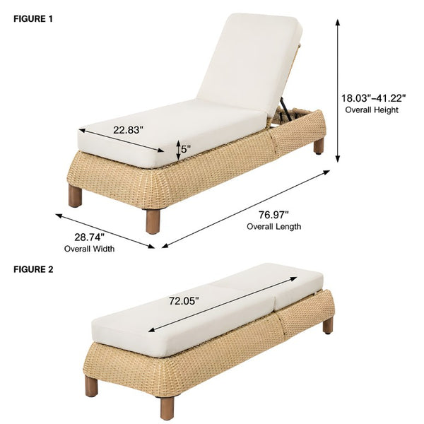 English Elm Adjustable Wicker Outdoor Chaise Lounge with Acacia Frame and Plush Cushion for Patio Beige+Natural Single N762P428248N