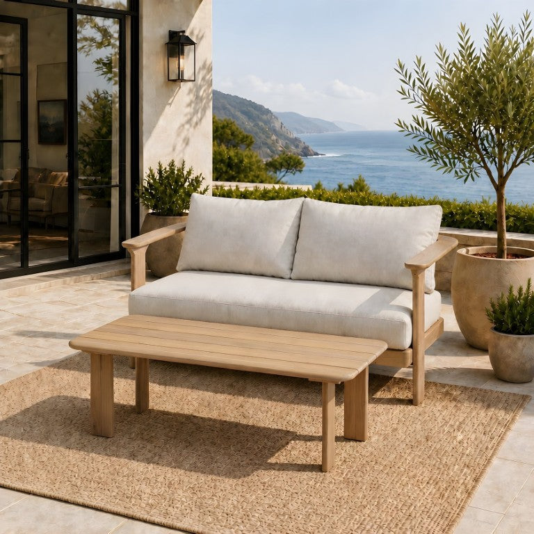 English Elm Acacia Wood Outdoor Loveseat and Coffee Table Set with Water Repellent Cushions N762P438544D