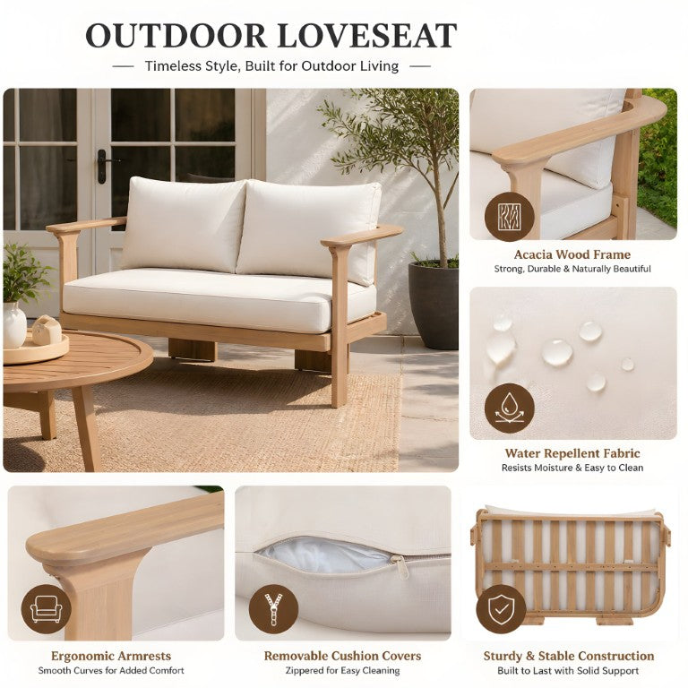 English Elm Acacia Wood Outdoor Loveseat and Coffee Table Set with Water Repellent Cushions N762P438544D