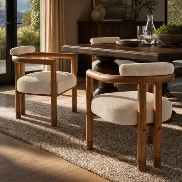 English Elm Set of 2 Mid-Century Arm Chairs with Linen Seat and Rubberwood Legs for Dining 25 L x 25.98 W x 29.92 H N762P446251D