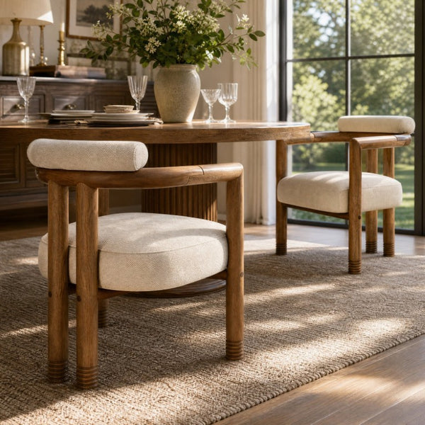 English Elm Set of 2 Mid-Century Arm Chairs with Linen Seat and Rubberwood Legs for Dining 25 L x 25.98 W x 29.92 H N762P446251D
