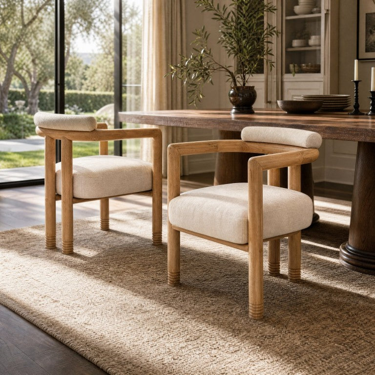 English Elm Modern Mid-Century Accent Chair Set of 2 Rubberwood Frame with Beige Fabric Seat N762P446251N