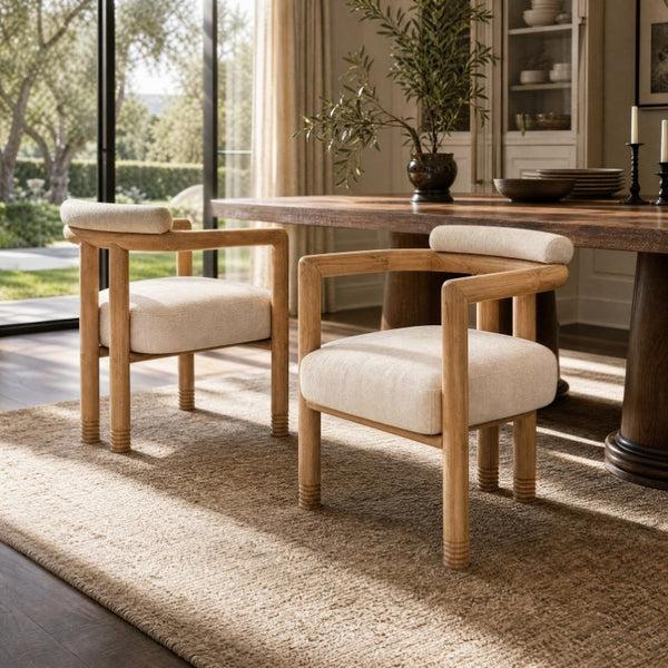 English Elm Modern Mid-Century Accent Chair Set of 2 Rubberwood Frame with Beige Fabric Seat N762P446251N