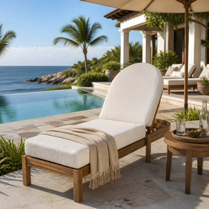 English Elm Outdoor Acacia Wood Dining Chairs Slatted Backrest Teak Finish Resort Style Patio Set Chaise Lounge Single Teak + Beige N762P446646A
