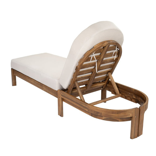 English Elm Outdoor Acacia Wood Dining Chairs Slatted Backrest Teak Finish Resort Style Patio Set Chaise Lounge Single Teak + Beige N762P446646A