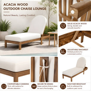 English Elm Outdoor Acacia Wood Dining Chairs Slatted Backrest Teak Finish Resort Style Patio Set Chaise Lounge Single Teak + Beige N762P446646A