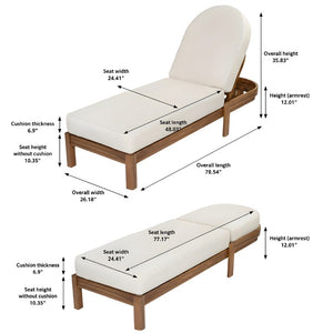 English Elm Outdoor Acacia Wood Dining Chairs Slatted Backrest Teak Finish Resort Style Patio Set Chaise Lounge Single Teak + Beige N762P446646A