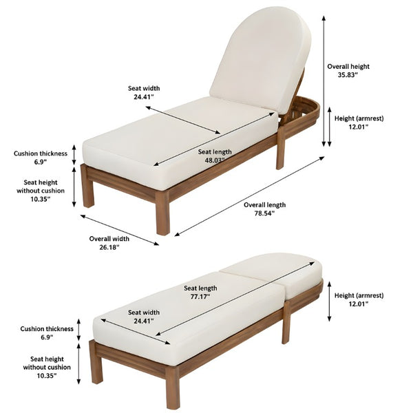 English Elm Outdoor Acacia Wood Dining Chairs Slatted Backrest Teak Finish Resort Style Patio Set Chaise Lounge Single Teak + Beige N762P446646A